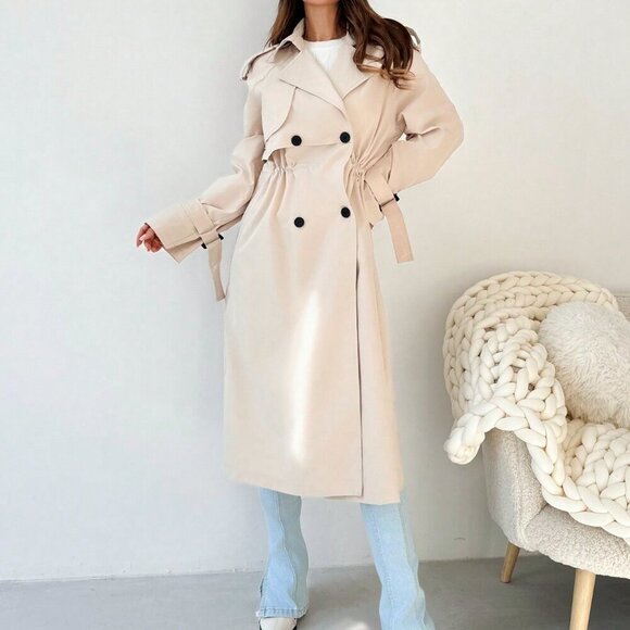 Khaki Elegant Women's Cinched Waist Double Breasted Mid-Length Trench Coat - Picture 8 of 8